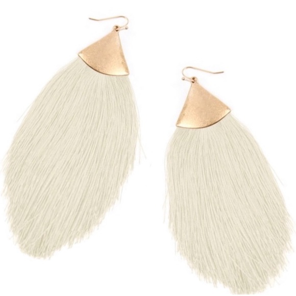 1 LEFT! White Tassel Yellow Gold Drop Boho Fall Women’s Trendy Cute Earrings - Picture 2 of 2